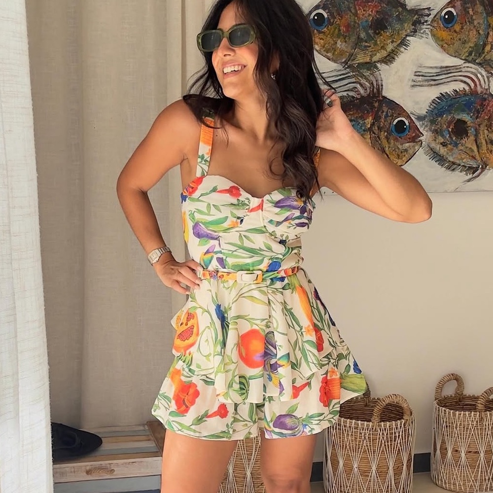 Luxxel Cream Floral Sundress Romper with Multicolor Fruit Print